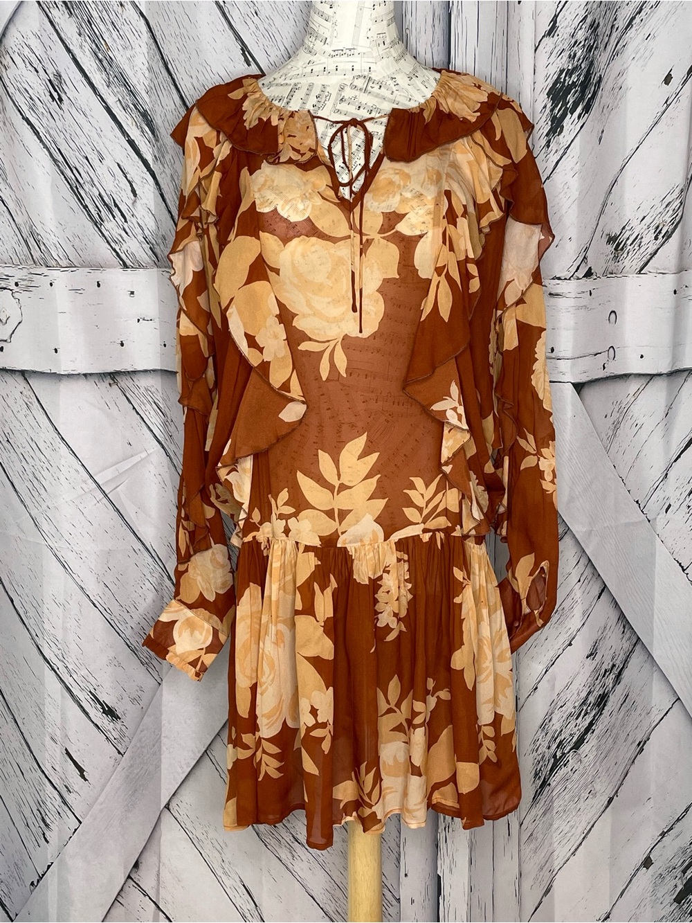 Brown Floral Ruffle Long-Sleeve Mini Dress